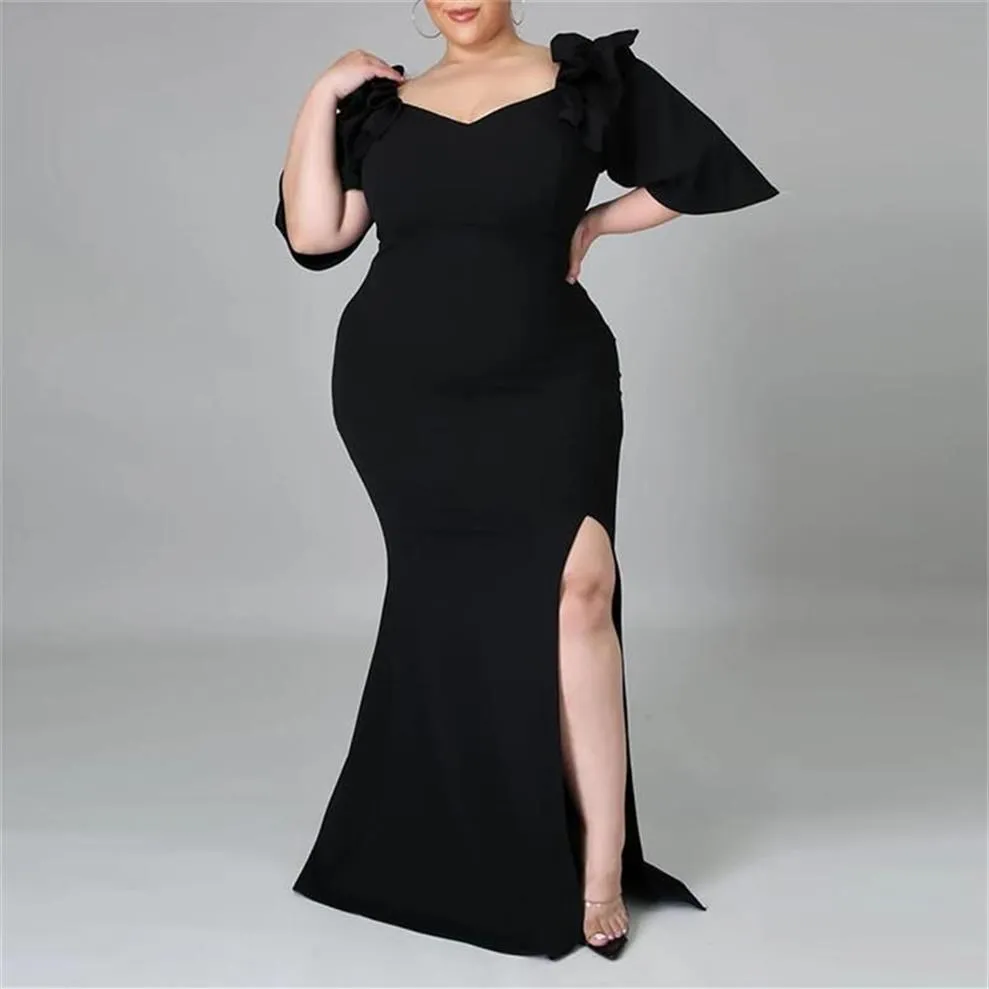 Plus Size Dresses 5XL Women's Evening Dress 2021 Winter Female Ruffles Sleeve High Split Sexy Night Club Party Maxi Long304W