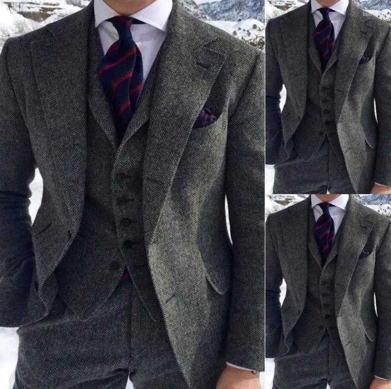 Men's Suits 2023 Men's Wool Blend Grey Herringbone 3 Piece Notch Lapel Tweed Vintage Peaky Blinder