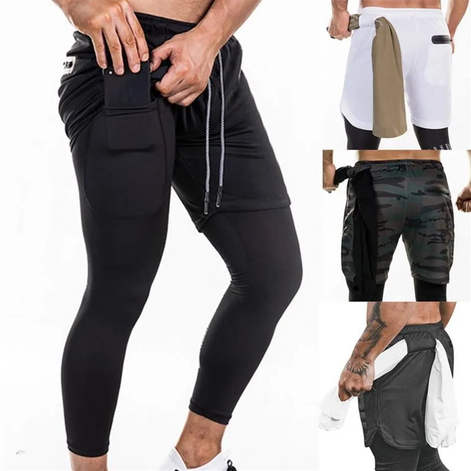 Leggings 2 en 1 pour hommes, pantalons de Compression, poches de sécurité, pantalons de sport, poches intégrées, hanches, fermeture éclair, Fitness211D