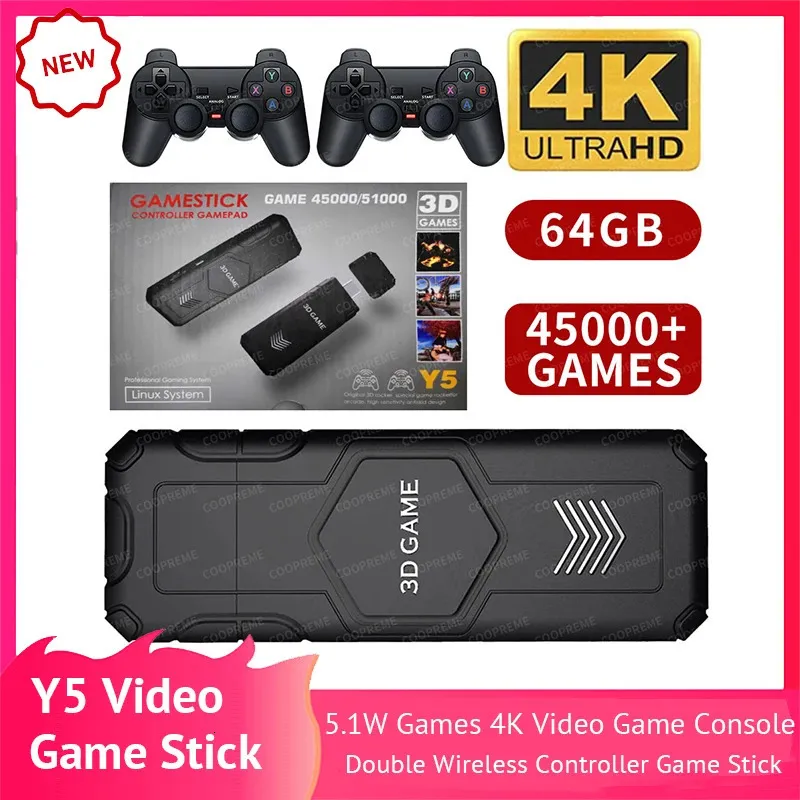 Игровые контроллеры Джойстики Игровая консоль Y5 64G 2.4G Двойной беспроводной контроллер Игровая приставка 4K 50000 игр 64 ГБ M8 Ретро-игры Drop 231025