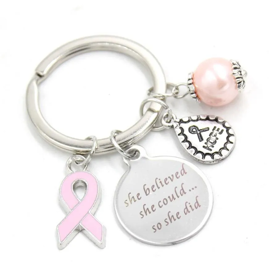 新しい到着ステンレススチールキーリングキーチェーン乳がんの認識ピンクリボンキーチェーン女性のためのキーリングギフト298T