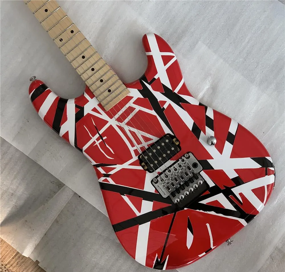 Nadir Eddie Edward Van Halen 5150 Beyaz Çizgili Kırmızı Elektrik Gitar Tek Köprü Pikap Floyd Rose Tremolo Whammy Bar Kilitli Maple Boyun Klavye