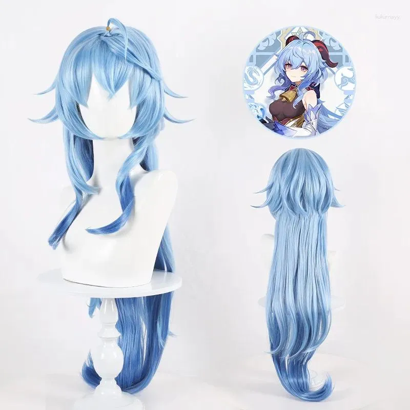 Party Supplies Game Genshin Impact Cosplay Ganyu Wig 100cm långt hår blå färg Gan Yu Women Halloween Net