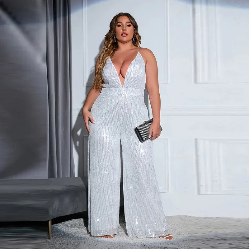 Dames Plus Size Jumpsuits Romper Mouwloos Ruglooze Effen Kleur Pailletten Slank Type Mode Halter Jumpsuit Feest Banket Dame 231025