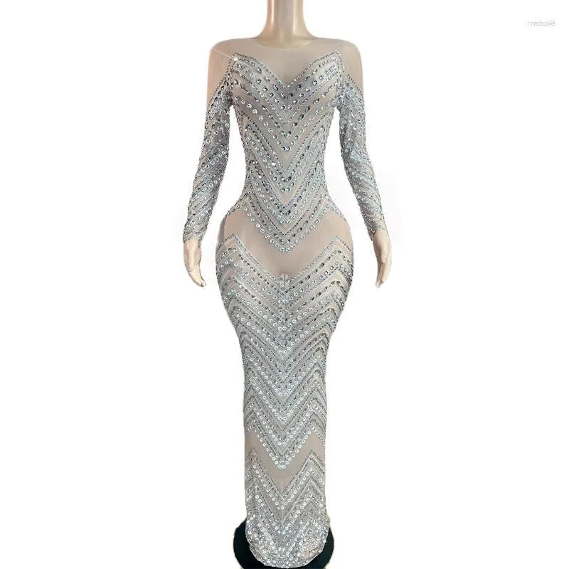 Stage Wear Sparkly Silver Rhinestones Transparent Long Sleeves Dress Evening Birthday Celebrate Costume Dancer Nightclub Performance