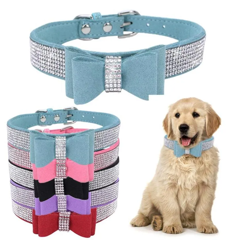 Collari per cani Guinzagli Strass Cani di piccola taglia Bling Crystal Bow PU Collare per animali in pelle Cuccioli Gatti Collana Cablaggio Guinzaglio Dropship9088878