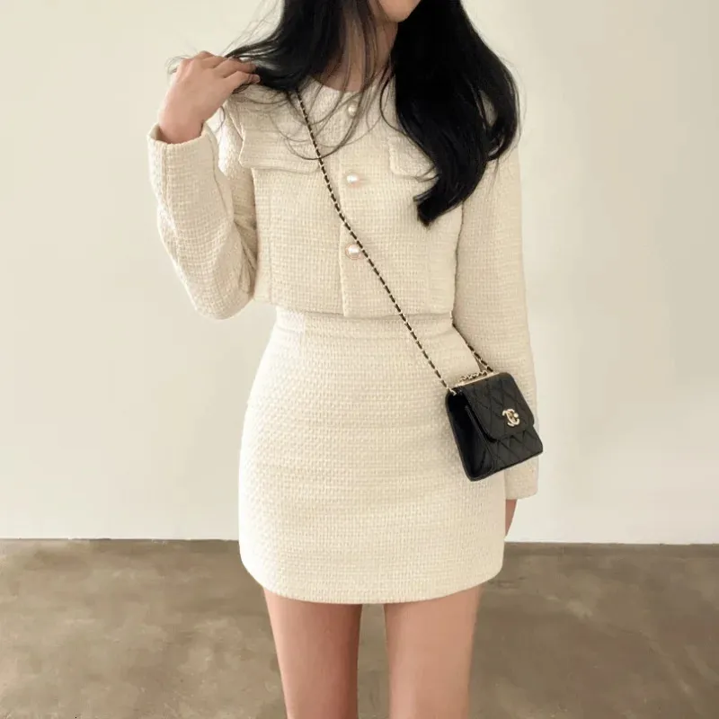 Two Piece Dress Autumn Single Breasted Tweed Jackets Women Coat High Waist Mini Skirt 2 Piece Sets Spring Outfit Elegant Luxury Office Suit 231026