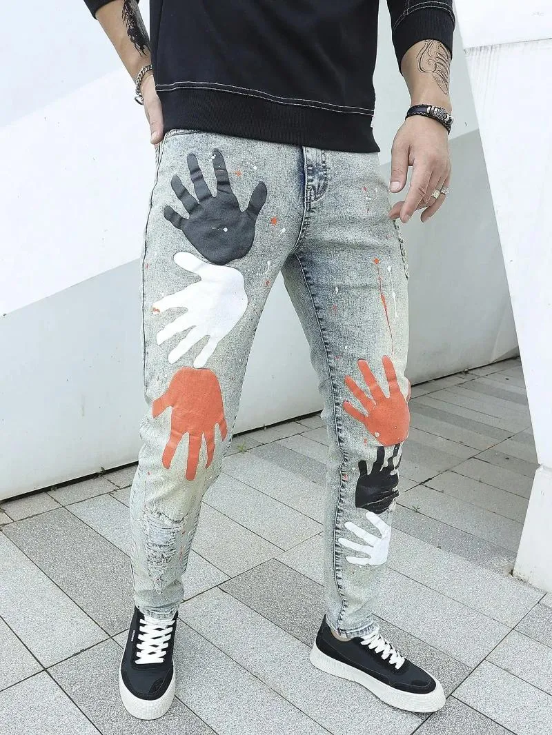 Men s Jeans 2023 Men Streetwear Ripped Patch Printed Slim Trousers Stylish Holes Male Casual Pencil Denim Pants