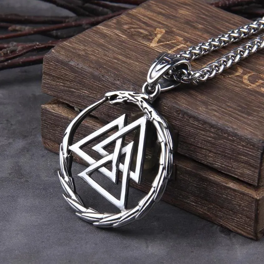 Nooit vervagen mannen roestvrijstalen Viking zelfverslinder Ouroboros Valknut amulet draak hanger ketting met Vikings houten kist Neckl222H