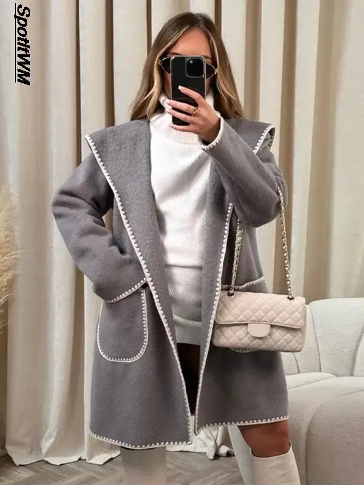 Women's Wool Blend Fleece Splied Hooded Coat Elegant Blends Plush Quilted Pocket Warm Jacket Loose Chic Streetwear Outwear 2023 Autumn Winter 231026