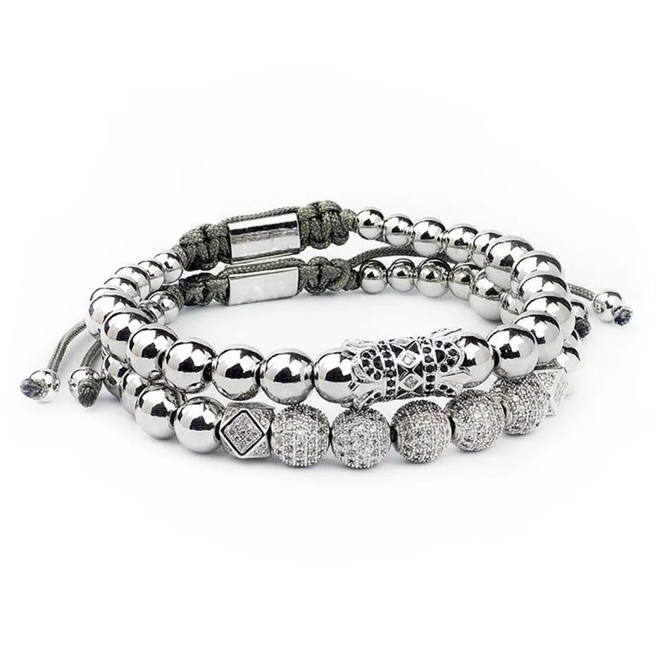 Pulseira masculina 2 peças conjunto de luxo coroa pave zircônia cúbica starlight bola encantos contas de cobre pulseiras para presente feminino dia dos namorados 251v