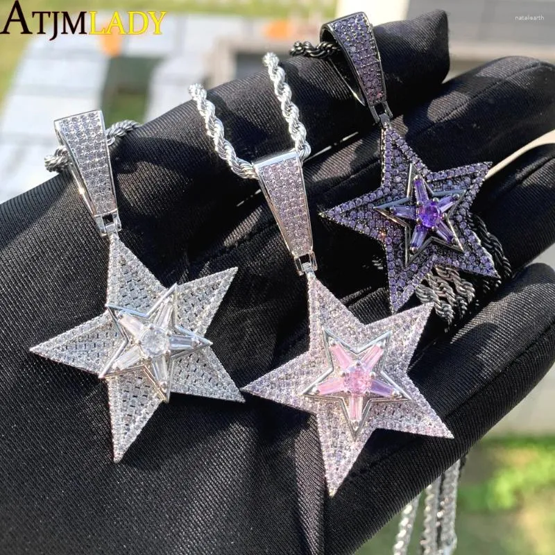 Kettingen Draaibare Vijfpunts Ster Hangers Iced Out Bling Zirconia Multi Lagen Draaiende Bedelketting Hip Hop Cool Sieraden