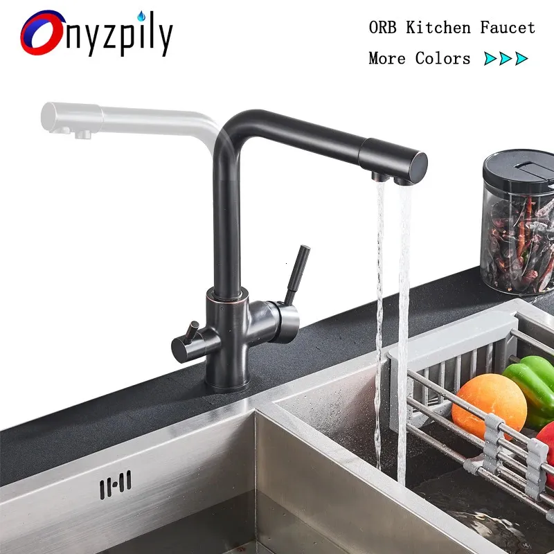 Küchenarmaturen, Schwarz-Weiß-Messing, luxuriöser reiner Wasserhahn mit Doppelgriff und Kalttrink-3-Wege-Filter-Mischbatterien 231026