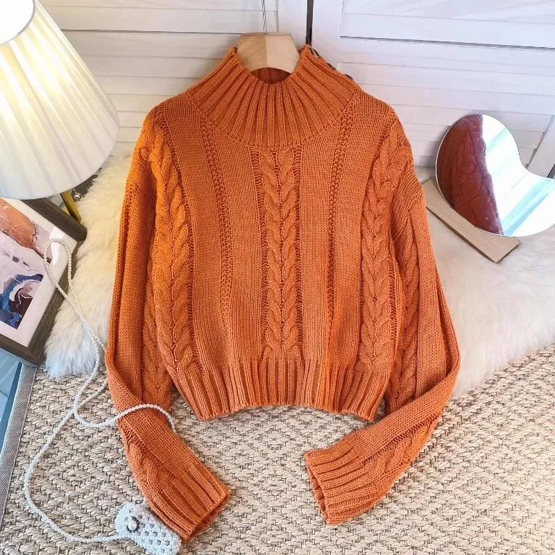 Women's Sweaters Knitted Autumn Winter Screw Thread For Women Casual Half High Collar Femme Pullover Chic Long Sleeve Woman Sweater