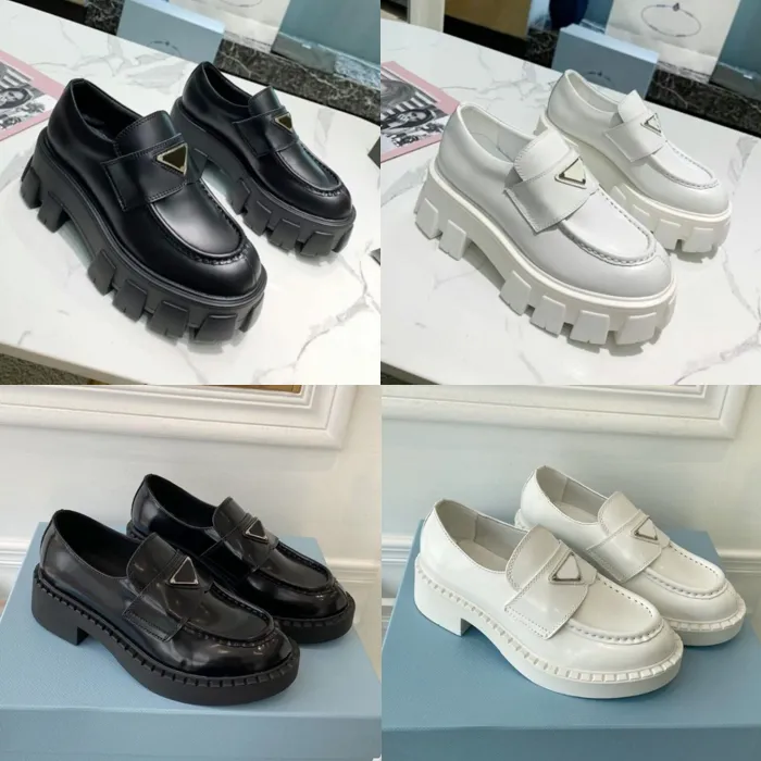 Designerskor Soft Cowhide Men Womenloafers Rubber Platform Sneakers Black Shiny Leather Slipper Tjock Bottom Shoe Chunky Round Head Sneaker med Box Size 34-46