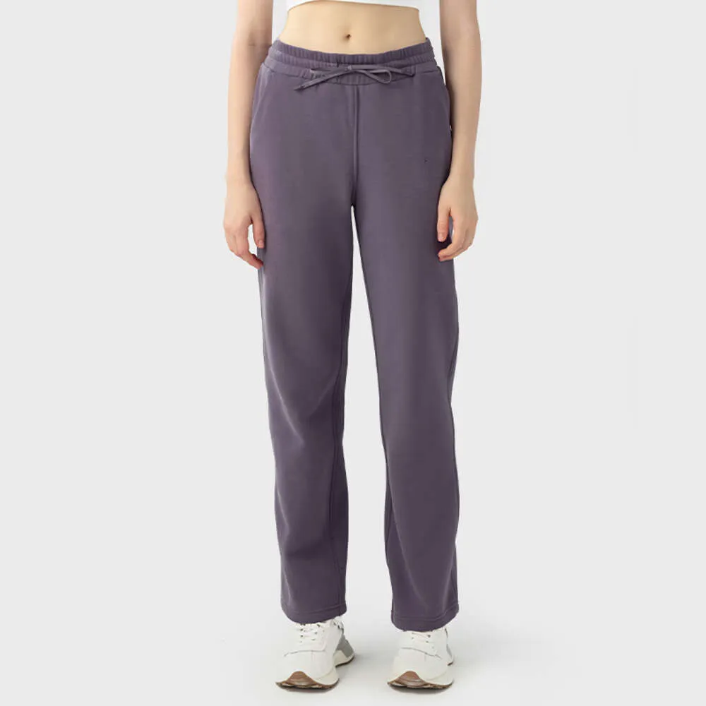 Lulu Calça de lã de perna reta Calça de ioga de algodão Calça de corrida solta feminina Calça de moletom casual com bolsos de mão Calça de treino super macia e quente para outono inverno