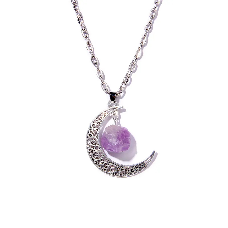 Fashion Trend raw Stone Moon Necklace Vintage Reiki Aquamarine Amethysts Healing Chain Necklace Chokers For Women Jewelry Gifts