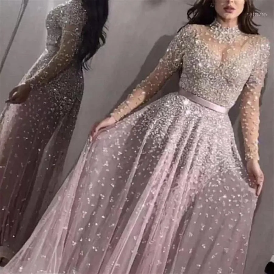 Abiti casual Donna Elegante abito da sera formale Maglia manica lunga Vita alta Paillettes Abito da sposa lucido Abiti di alta qualità1281B