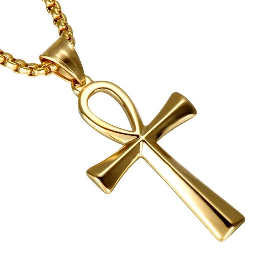 全腰の命の十字架ペンダントネックレスゴールドカラーステンレススチールメン用エジプトネックレスジュエリー213y