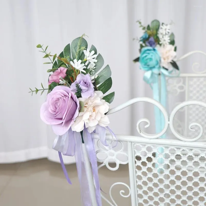 Ya – fleurs décoratives pour allée de mariage, décoration de chaise d'église, fleur artificielle pour décoration de fête de cérémonie avec rubans en mousseline de soie