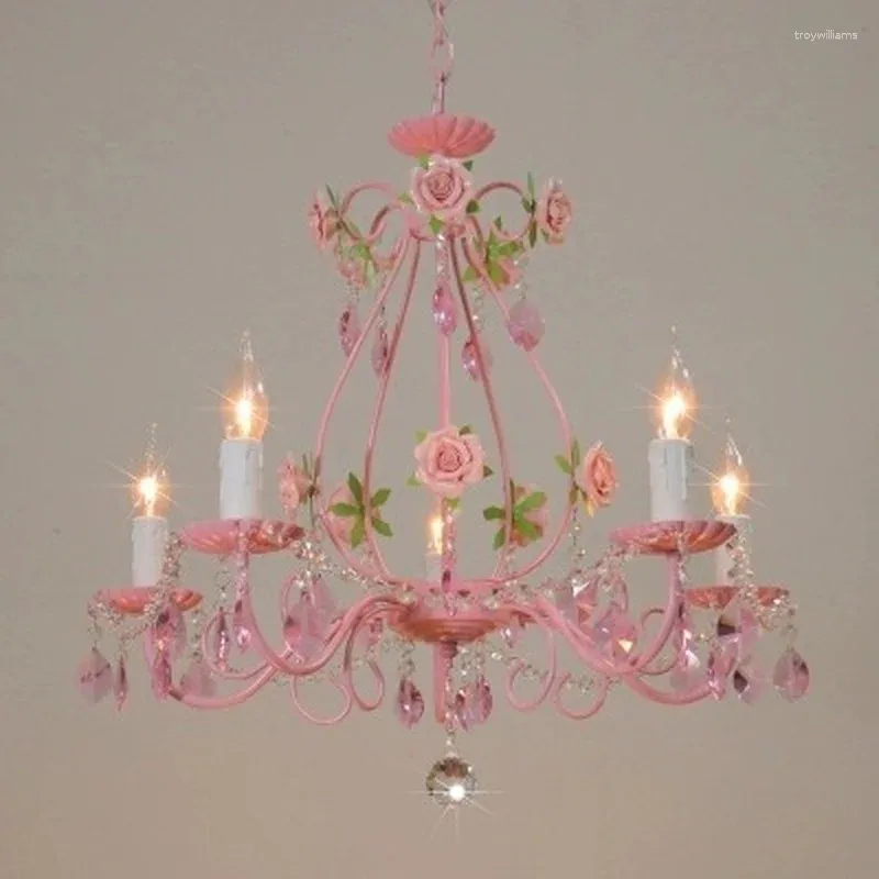 Lâmpadas pendentes rosa rosa luz de casamento candelabro de ferro jardim iluminação restaurante quarto moderno luzes de cristal led lampada