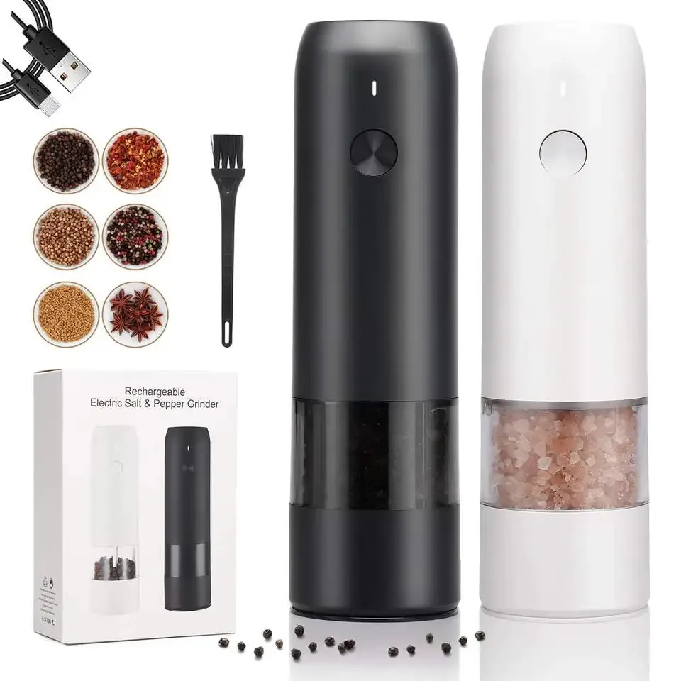 Mills Electric Automatic Salt and Pepper Grinder Set Raddbar med USB Gravity Spice Mill Justerbara kryddor Köksverktyg 231026