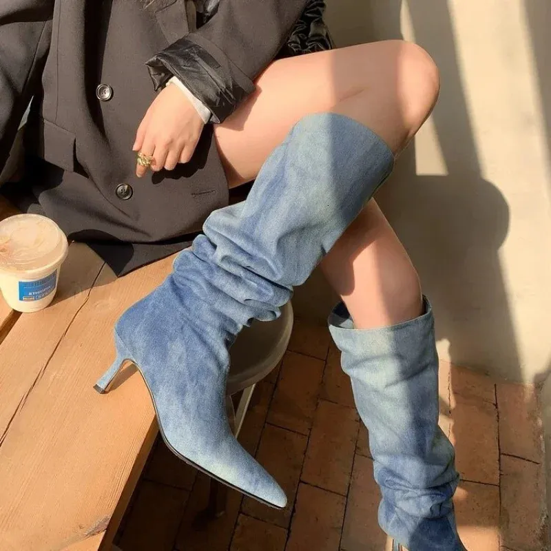 Boots Blue Denim Knee High Cowboy for Women 2024 Autumn Pecked Heels Long Woman Stiletto Heeled Jeans Botas Shoes 231025