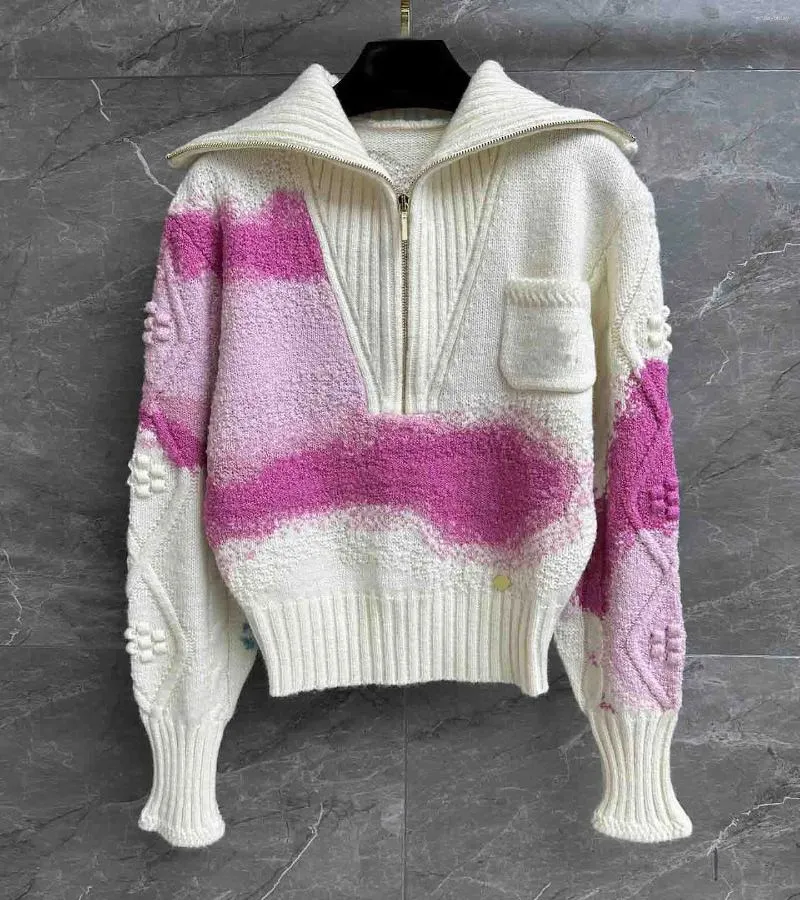 Женские свитера высокого качества, дизайнерские лыжные контрастные цвета, кашемировая шерсть, пуловер на молнии, свитер с отложным воротником, свободные вязаные джемперы