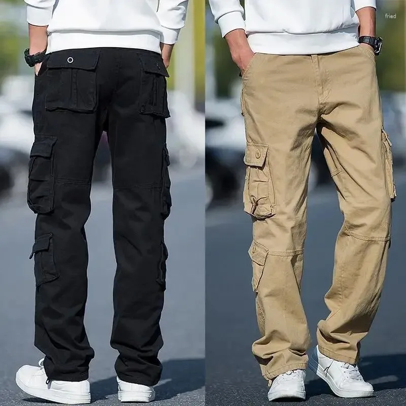 Pantalon en coton gaufré pour hommes, multi-poches, ample, taille élastique, cylindre droit, respirant, Cargo décontracté, grande taille, couleur unie