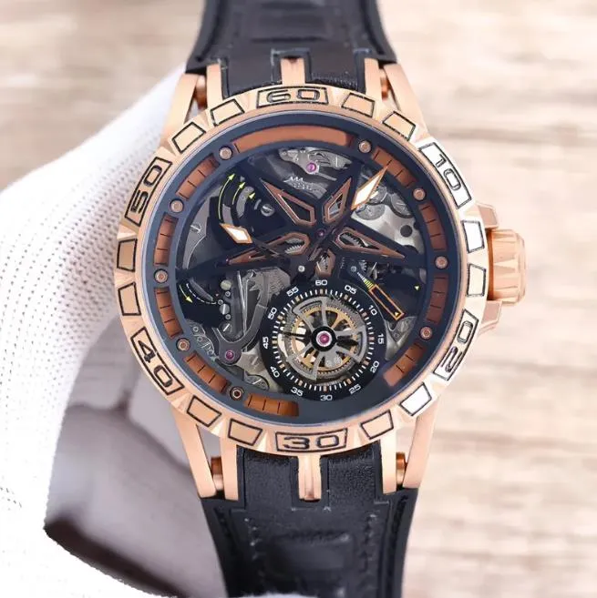 12 Estilos Mens Luxury Flywheel Watch Rose Gold Skeleton Relógios 45mm * 13.5mm RD505SQ Movimento Automático 904L Caixa de Aço Inoxidável Relógios de Pulso Luminosos Automáticos