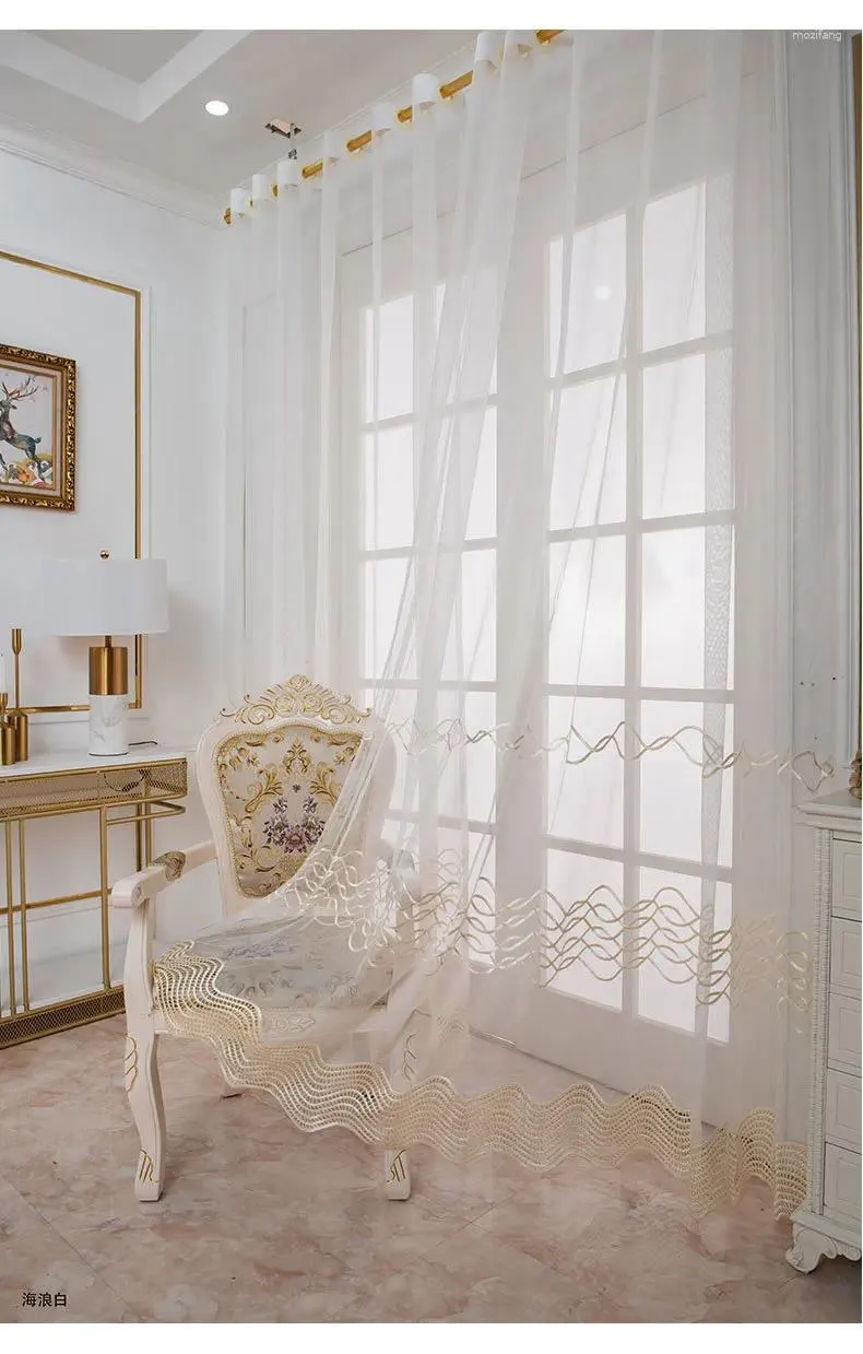 Rideau fenêtre en mousseline de soie Tulle pur Voile rideaux blanc balcon Transparent pour salon chambre 135WX240H (CM) fil ondulé Beige
