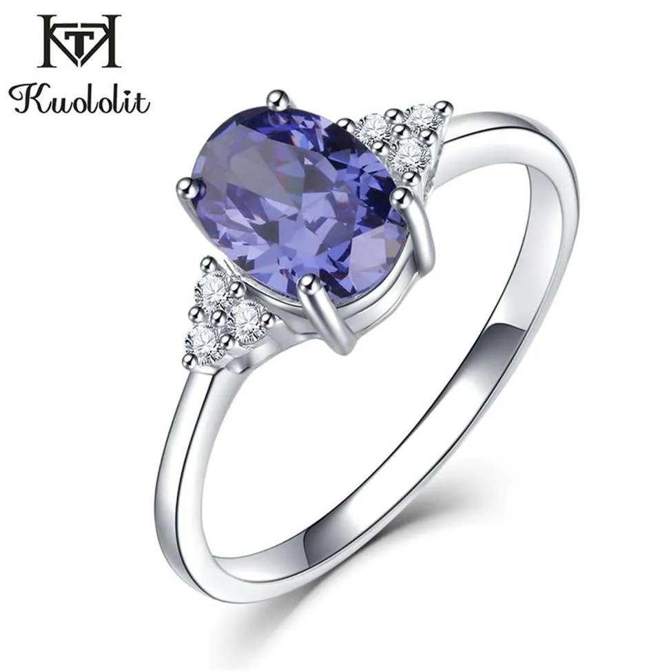 Kuololit Solid 925 Sterling Silver Rings for Women Created Tanzanite Gemstone Ring Wedding Engagement Band Fine Jewelry New J19070260d