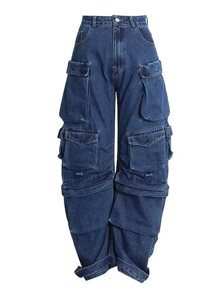 Y2K Womens Multi Pocket Cargo Jeans Women Solid Color, High Street
