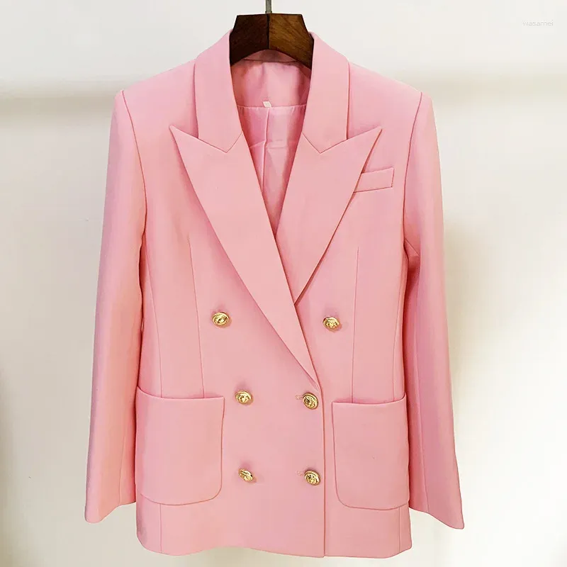 Abiti da donna Design Giacca lunga rosa Giacca da donna 2023 Giacca doppio petto Bottone dorato Decorazione tascabile Blazer dritti larghi