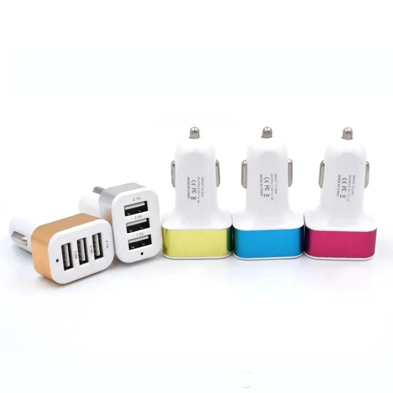 3 Adattatore per caricabatteria da auto USB 2.1A Caricatore per telefono per auto in metallo Presa USB Caricabatterie per auto per Samsung iPhone LG Xiaomi Android
