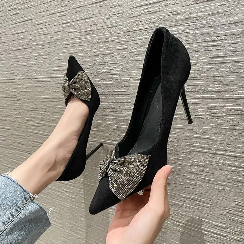 Dress Shoes Black Slim Heels Solid Suede Low Cut Pointed Bow High Amazon Cross-border