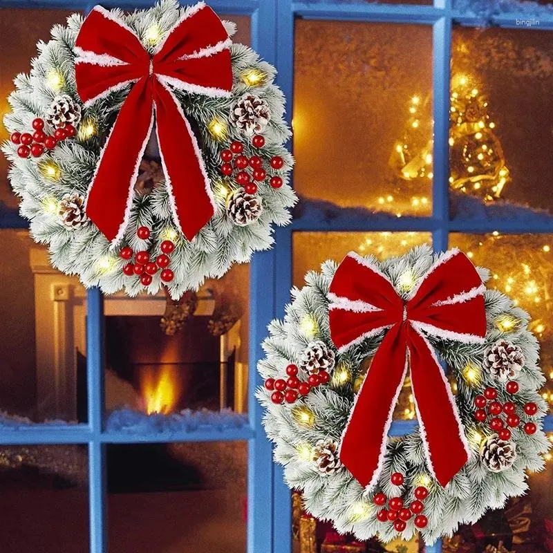 Flores decorativas 2 peças de 13 polegadas pré-iluminadas mini guirlanda de Natal com arco vermelho agulha de pinho luzes LED