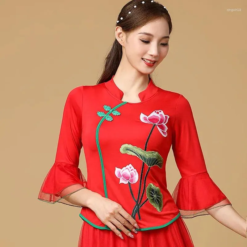 Etniska kläder cheongsam kvinnors plus size korta toppar 2023 Autumn Cotton Blend Mesh Splicing broderi Slim Chinese Style Qipao Shirts