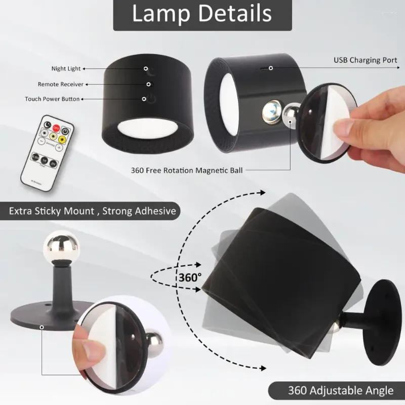 Lampada da parete Interruttore tattile Lettura led Rotazione magnetica intelligente a 360° Ricarica USB Telecomando Batteria a lunga durata