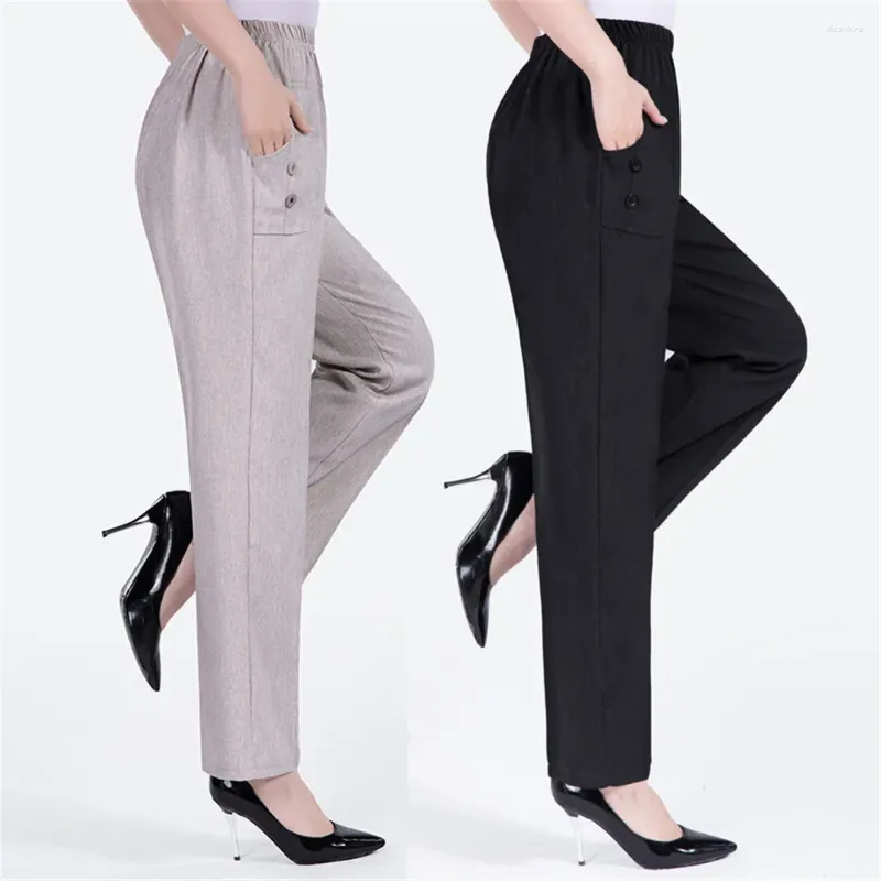 Pantalon femme 5XL femmes pantalons été élastique taille haute moyen-âge décontracté coton lin droit femme cheville longueur