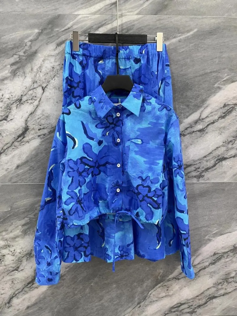 Arbetsklänningar 2023SS Summer Fashion Luxury Women Prints Blue Shirt Blue With Midi Kjol Set Female Chic Suits Tutu