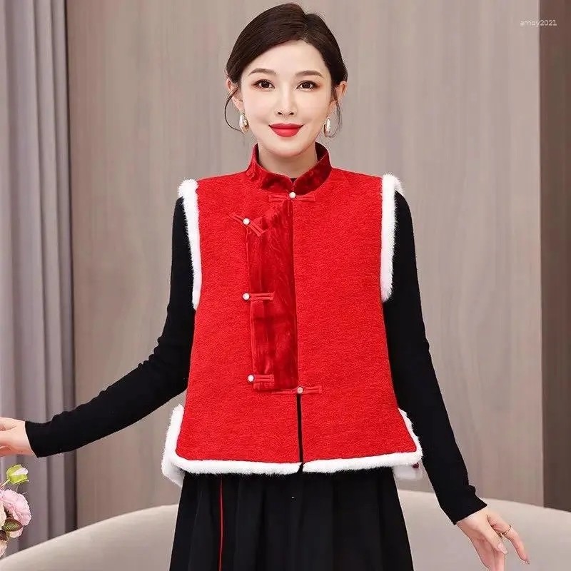 Coletes femininos estilo chinês melhorar colete espessado jaqueta de algodão Tang Top 2023 inverno vintage jacquard casaco curto cistas Z3543