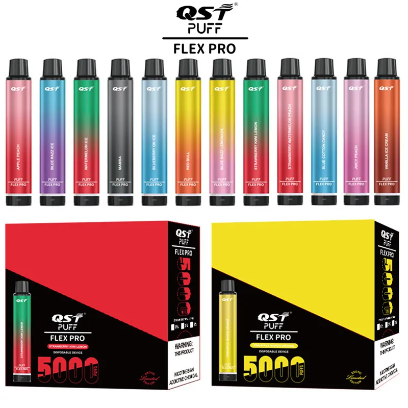 Original QST Puff Flex Pro 5000 Puffs Einweg-Zigaretten-Vape-Gerät 15 Geschmacksrichtungen Wiederaufladbarer 550-mAh-Akku 12-ml-Kartusche E-Zigaretten-Starterkit 0/2/5%