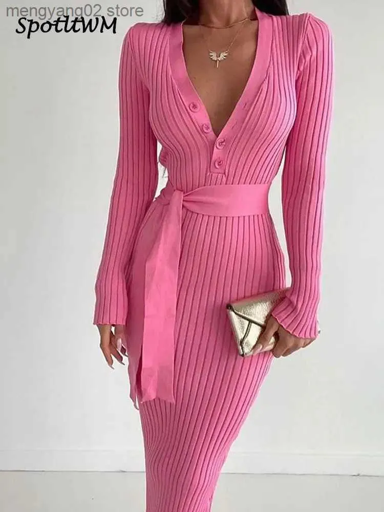 Basic Casual Dresses V-neck Ribbed Knitted Full Sleeve Long Dresses High Waist Women Lace Up Elegant Vestidos Fashion Fall Female Slim Sweater Robes T231026