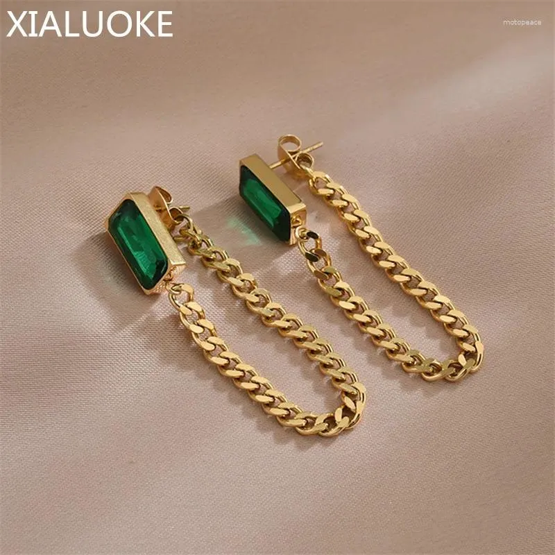 Studörhängen Xialuoke Vintage Senior Elegant Green Zircon Metallic Chain Tassel for Women Fashion Jewelry Accessories