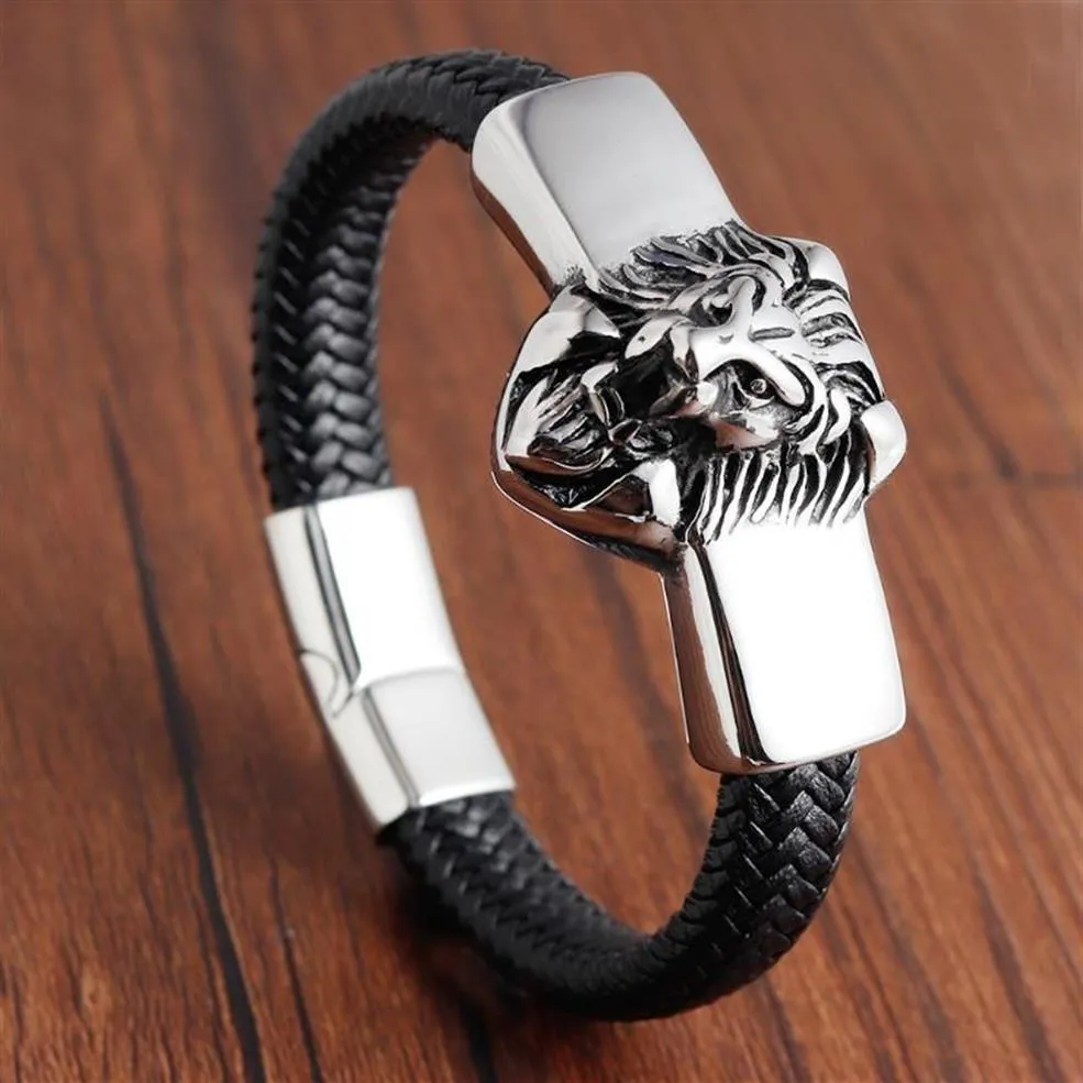 Bracelet en cuir de Lion pour hommes, corde en acier inoxydable, fermoir magnétique, cuir de vache tressé, multicouche, brassard tendance, pulsera hombre251l