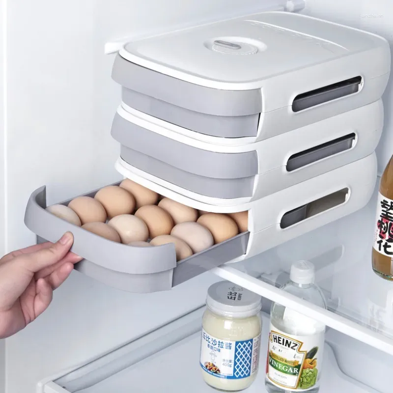 Lagringsflaskor Stapble Eggs Holder Box Drawer Type Automatisk rullande kylskåp 18-21 Space Saver Container Kitchen Organizer
