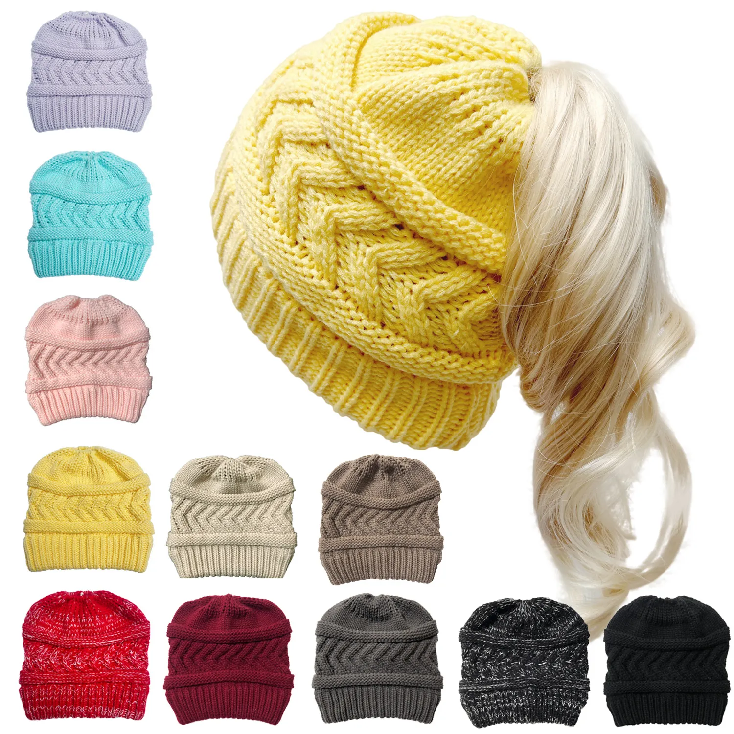 Woman Wool Hat Lady Winter Warm Ponytail Beanies Knitted Hats Home Fashion Casual Ponytail Hat