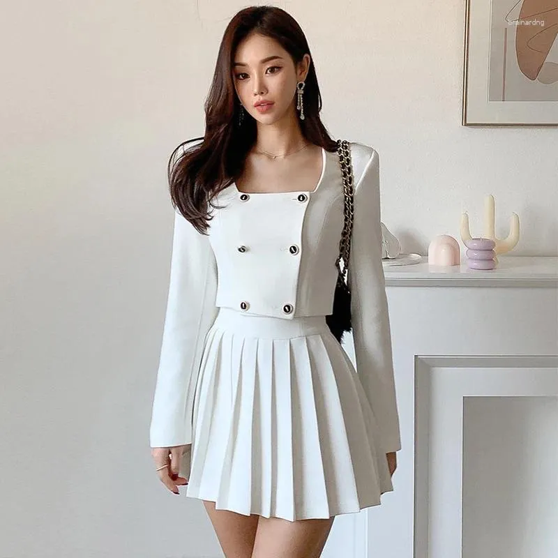 Work Dresses Fashion Sexy Street Clothes Women Vintage Double Breasted Square Collar Short Coat Jacket Pleated Mini Skirt Female 2 Pieces