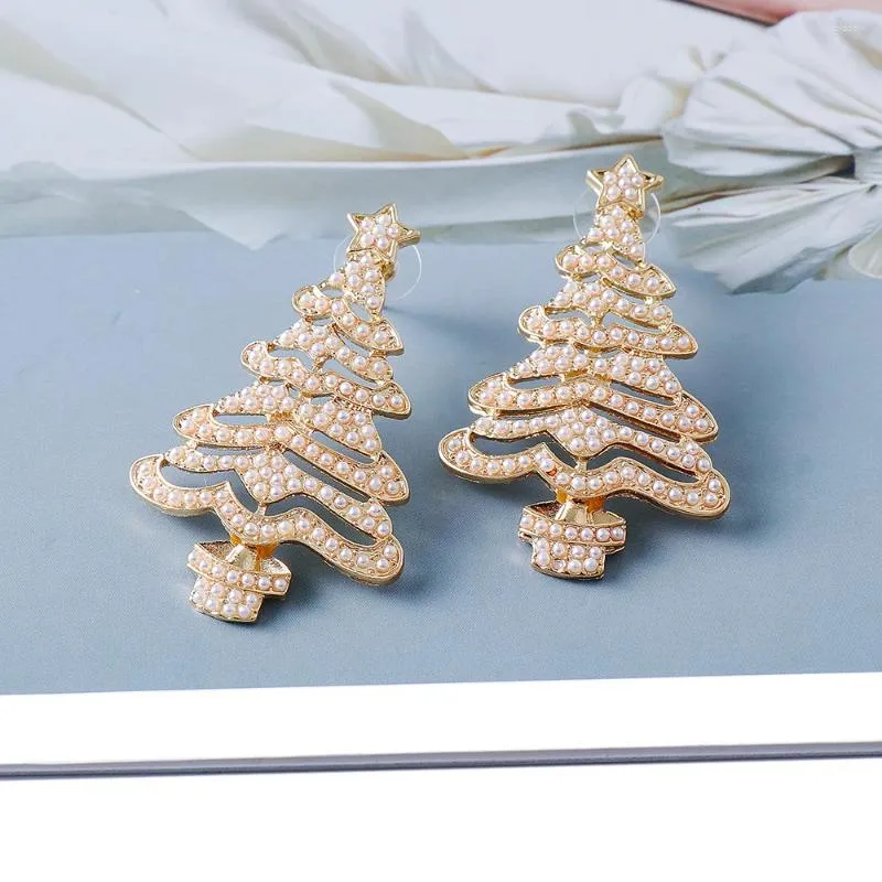 Boucles d'oreilles pendantes en forme d'arbre de noël blanc, perles et strass, goutte d'eau, bijoux pour femmes, cadeau de fête, 2023